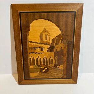 Inlaid Wood Picture Building Church 9”X12” Wall Hanging Vintage ?Made in Italy